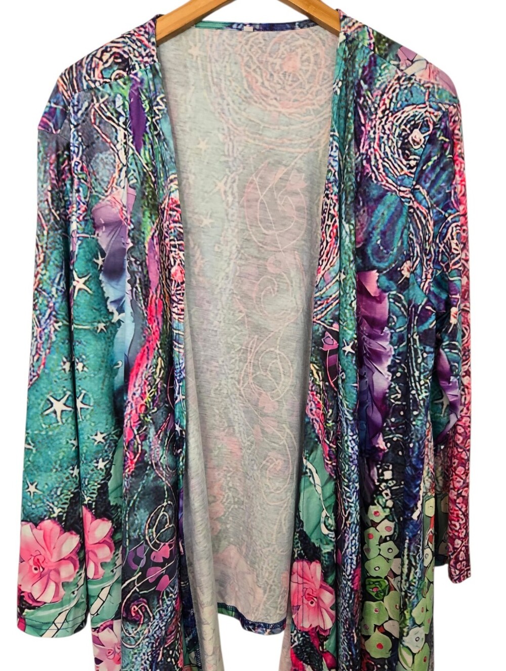 ๐ธ Colorful Boho Watercolor Floral Open Front Drape Cardigan | Size 3XL - Picture 3 of 6